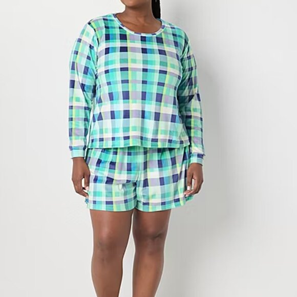 Sleep Chic Other - Pajamas Velour XL Set - Top Shorts Green Blue Plaid Plush Pjs Lounge Sleep New